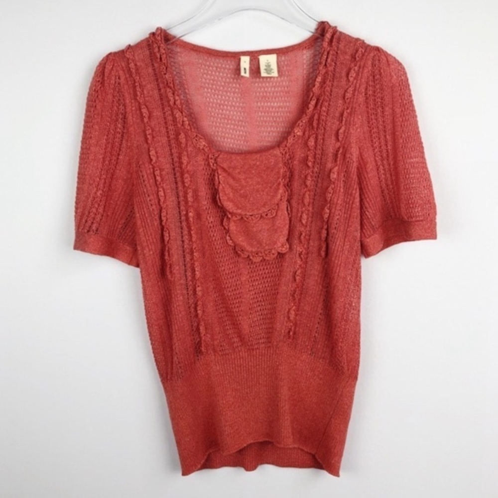 Anthropologie Moth coral linen short sleeve ruffle top 26857